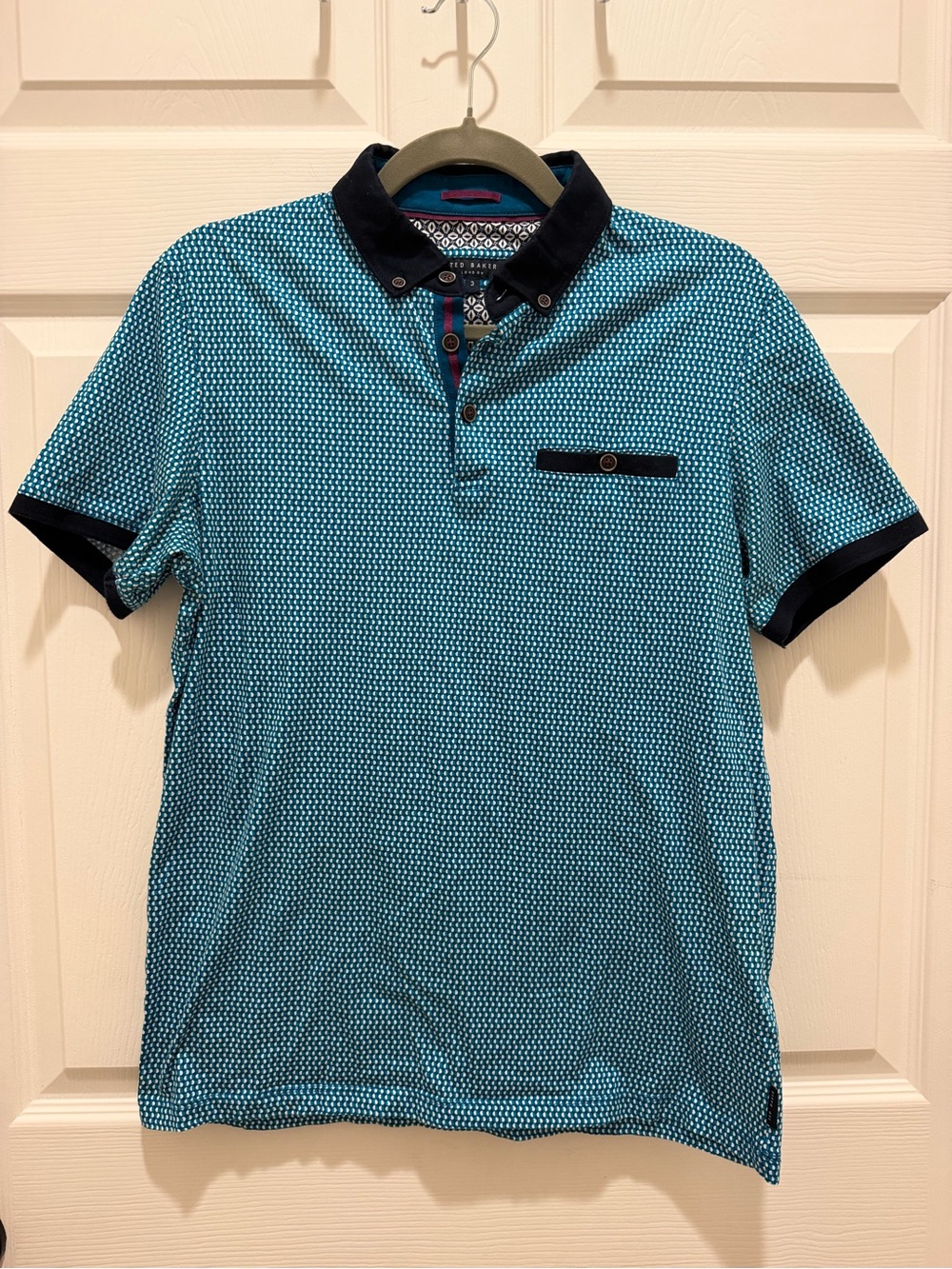 Ted Baker London Geometric Pattern Polo Shirt - Teal & Navy - Size 3 (Medium)